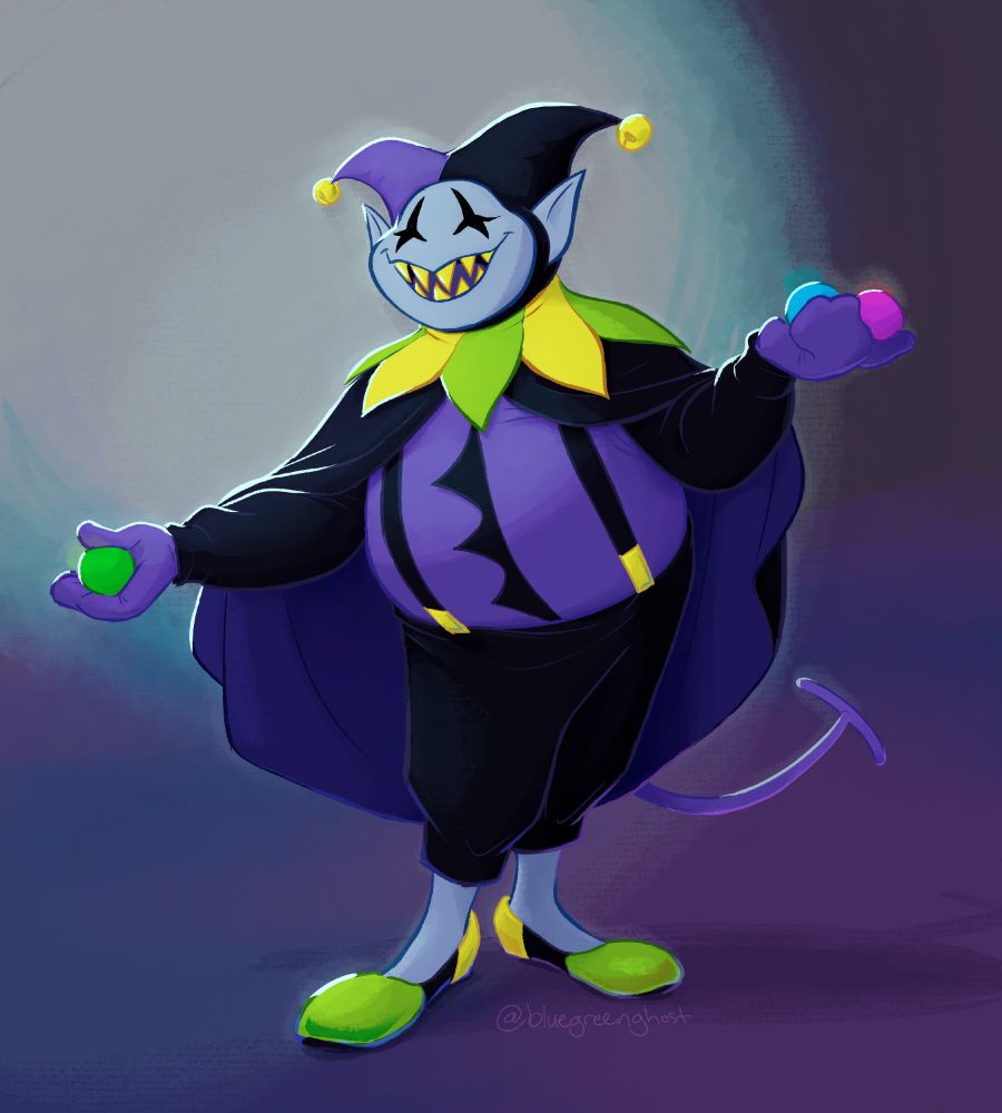 A digital illustration of Jevil smiling and posturing with three juggling balls (green, blue, and magenta) in his hands.