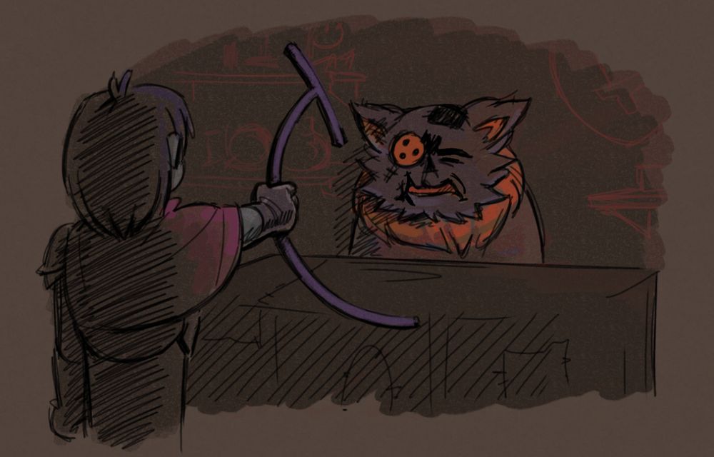 Sketch of Kris holding out the Jevilstail to a repulsed Seam.