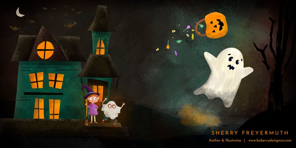 Two kids in Halloween costumes, a witch and a ghost, stand on the porch of a spooky blue house as a real ghost looks scared and flees and drops all their Halloween candy. The bottom right corner reads: Sherry Freyermuth, Author & Illustrator, www.boberrydesignco.com
