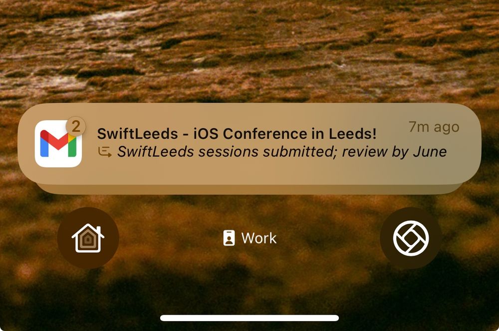 iPhone screenshot showing two stacked notifications: SwiftLeeds - iOS Conference in Leeds! SwiftLeeds sessions submitted; review by June. 7m ago.