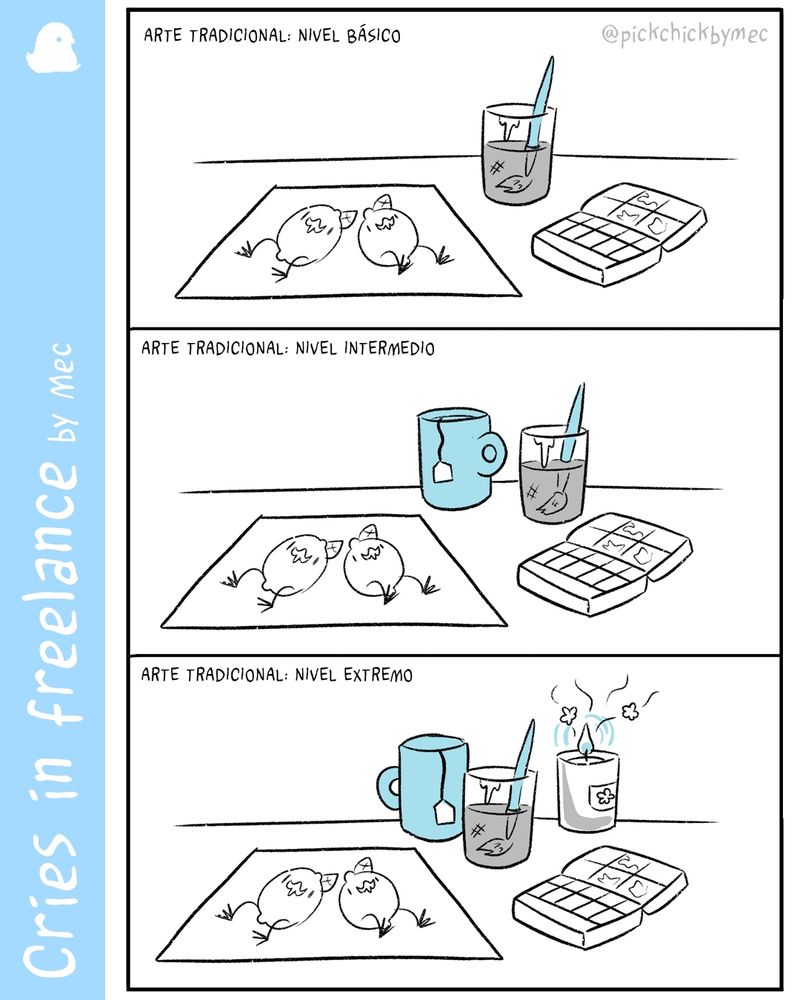 Tira cómica sobre pintar con acuarelas con el agua al lado de una taza