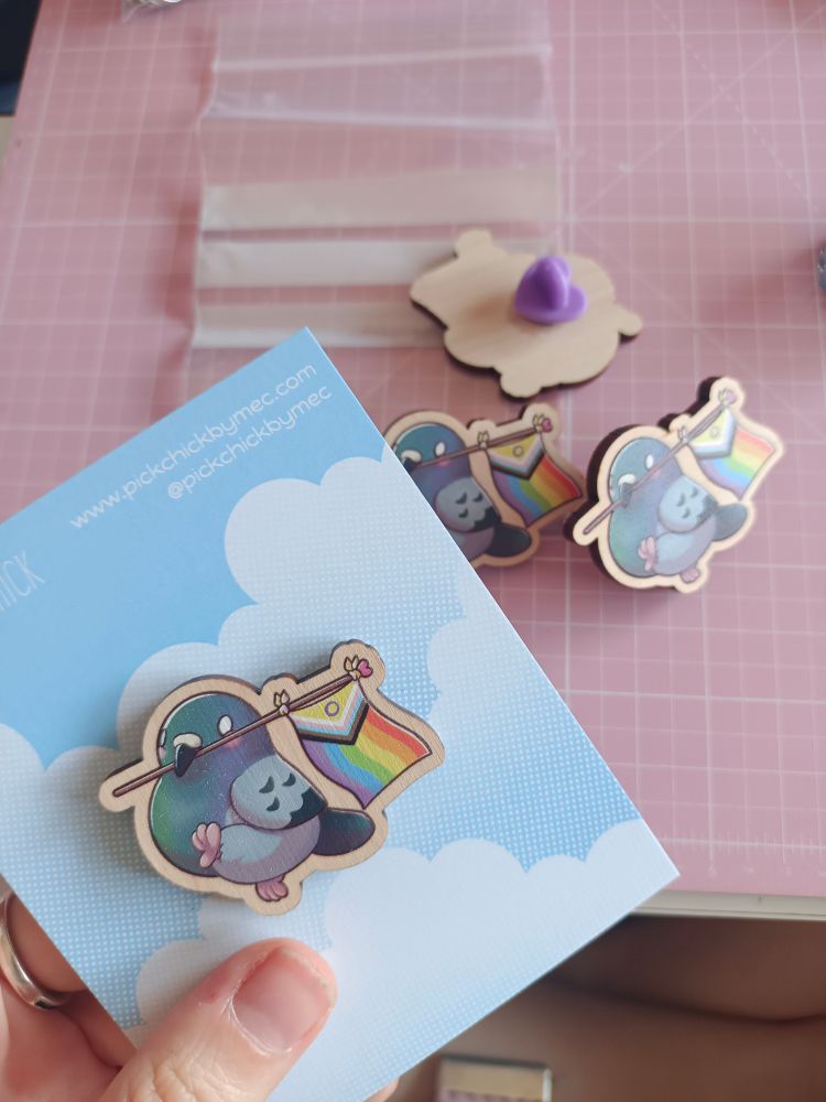 Cute pigeon with LGTB flag wood pin