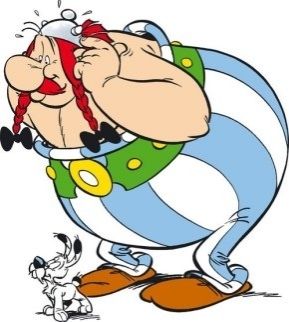 Obelix guckt Idefix schmunzelnd an und tippt sich dabei an die Stirn.