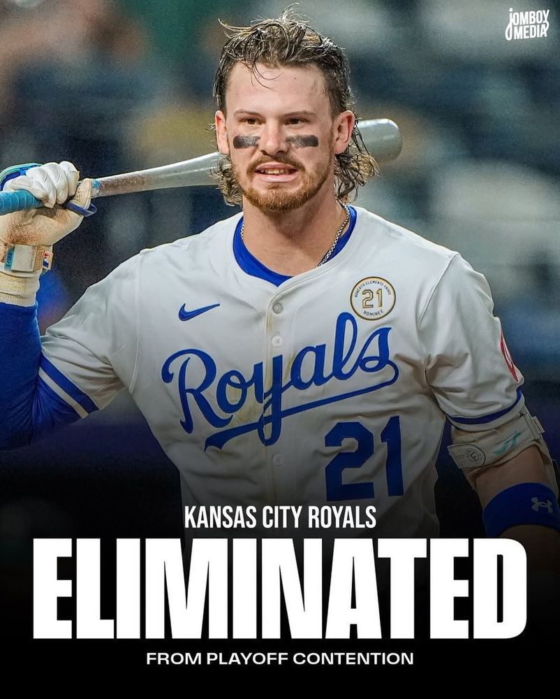 Image of Bobby Witt Jr. holding s bat with a grimace on his face. The text reads "Kansas City Royals Eliminated from Playoff Contention".

Maybe next year, boys.