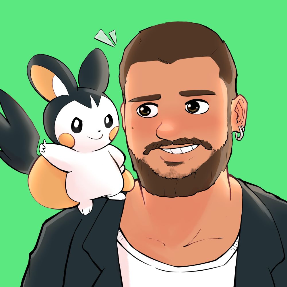 Um homem de pele clara, cabelos e barba castanhos com seu parceiro pokemon emolga em seu ombro