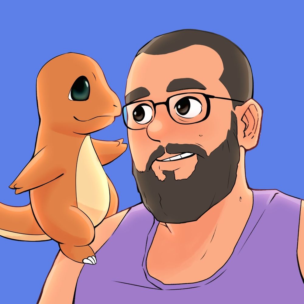 Homem de pele clara, braba castanha e óculos no rosto, segurando em seu ombro seu parceiro pokemon charmander