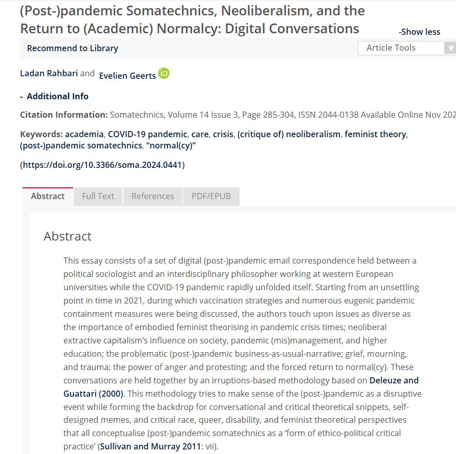 Picture of the promoted Somatechnics article, plus abstract