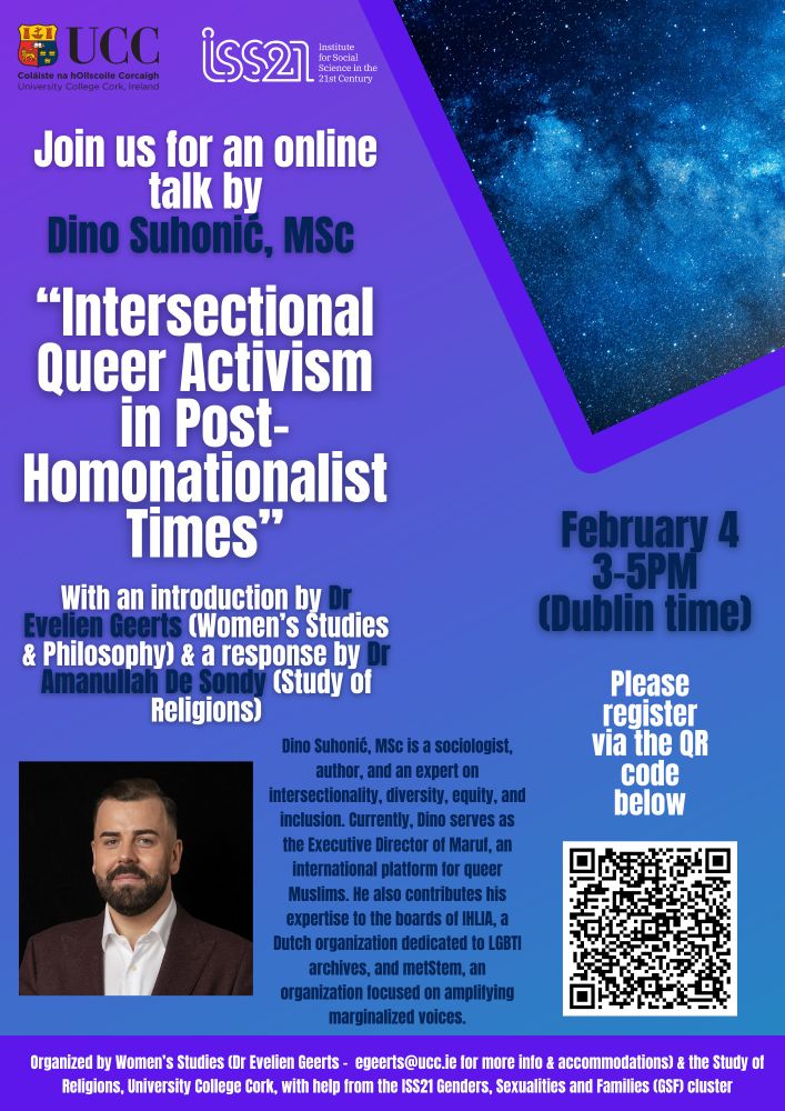 Poster with QR code for an event on February 4, 3-5PM, that is titled "Intersectional queer activism in post-homonationalist times"
