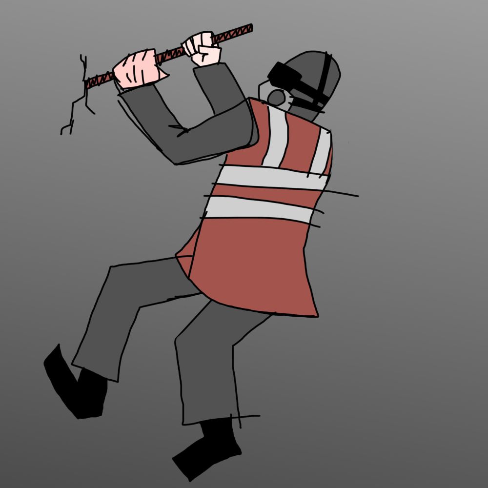 shitty sketch drawn on mouse. A person hanging off a wall, clutching onto a piece of rebar jabbed into it. They're wearing grey shirt and pants, a rebreather and set of goggles over their face, with some kind of grey mask or helmet obscuring their skin, and a rust colored high-vis Jacket. Their hands are bare, and red with stress from holding onto the rebar.