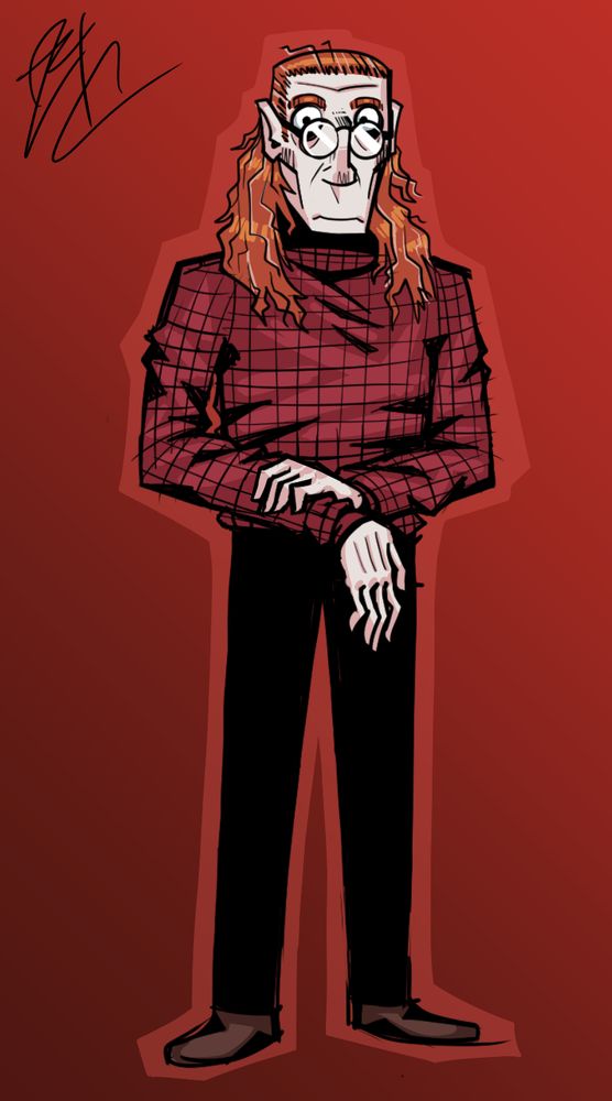 A pale redheaded man, fairly broad but with thin arms and legs.
His hair is unkempt, with gray hairs. Swept behind the back of his head, and back over his shoulders.
His eyes are large and round, with deep bags under them, thick eyebrows and narrow pupils.
His face is long and bony, with a reddened cheeks and a long reddened nose.
He's wearing a red plaid sweater, with round reflective glasses, black pants, and brown loafers.
His arms are half-crossed at his waist, with a single hand clasping the other arm.