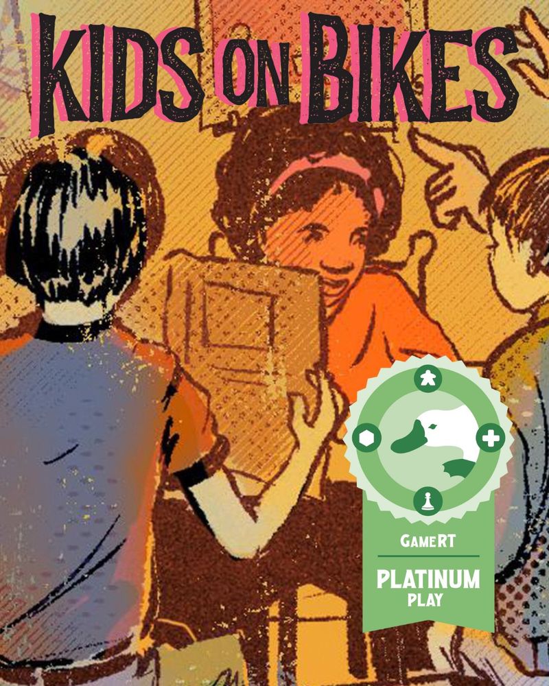 Artwork from Kids on Bikes depicts a group of children looking at books and having a conversation. Layered over the image is the platinum play award ribbon and the Kids on Bikes logo.