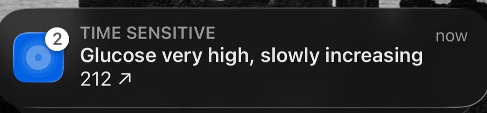 A time sensitive iPhone notification warning that, at 212mv/dL my glucose is very high and is still slowing increasing 