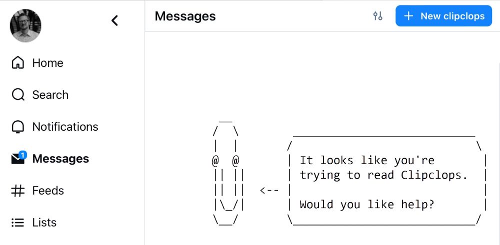 An ascii clippy asking if you want help trying to read clipclops