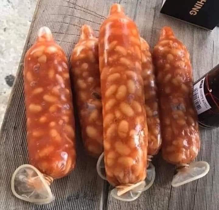 Five condoms filled with baked beans