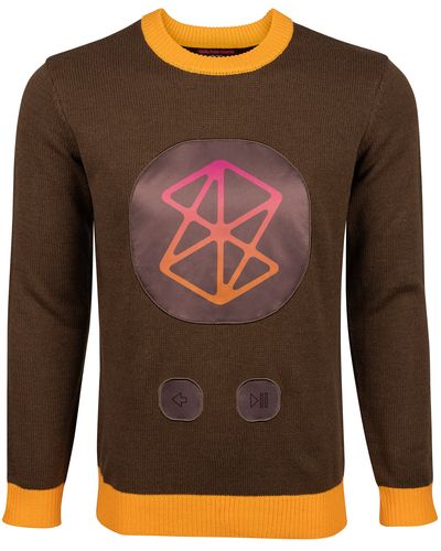 A brown and orange sweater with the zune logo, and back and play buttons
