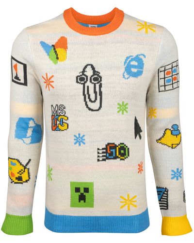 An ugly sweater with various Microsoft artifacts on it, including Clippy, the MSN butterfly, the MS DOS logo and a Minecraft thing