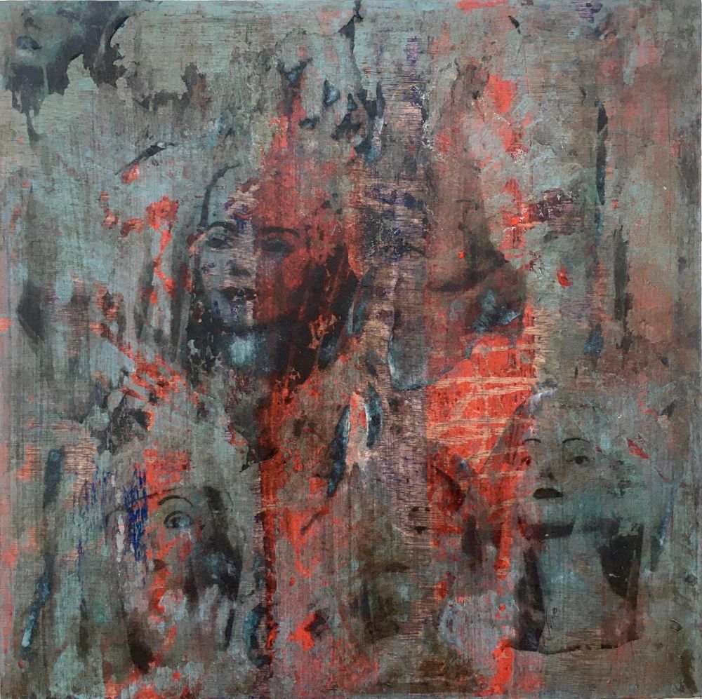 an abstract painting i made with faces emerging from a distressed, textured background in hues of red, blue, and gray.
nina theda black.