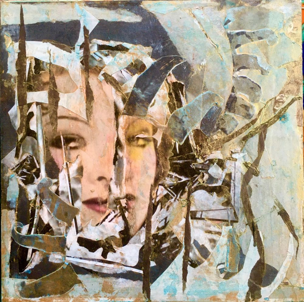 an abstract mixed media collage i made featuring the fragmented face of myrna loy merging with layered textures in green and muted earthy tones.
nina theda black.