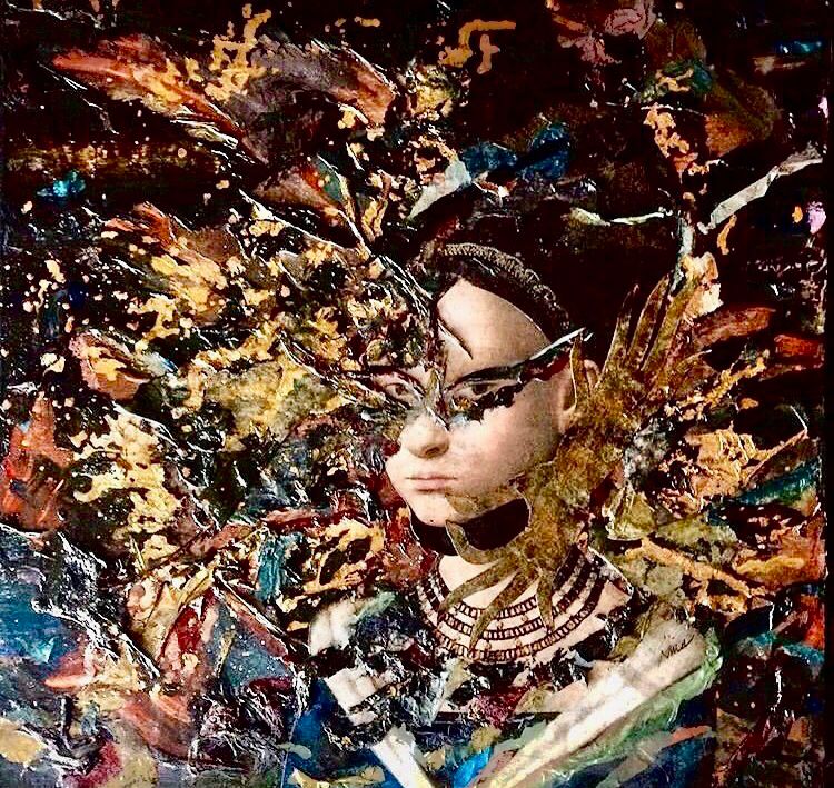 a mixed media art piece i made, featuring a woman's face partially visible thru chaotic brushstrokes, textures and swirling colors of melted crayon.
nina theda black.