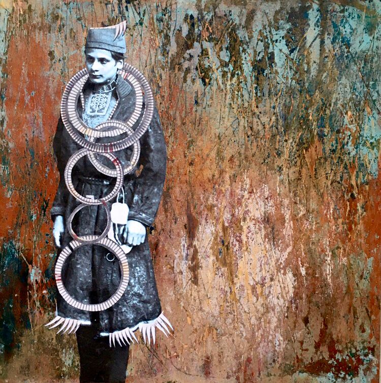 a mixed media collage i made of a grayscale vintage photo of a young man, wearing a hat and long coat overlaid with decorative paper rings and adornments, standing against a textured background of earthy browns, rusts, and bits of blue. nina theda black.