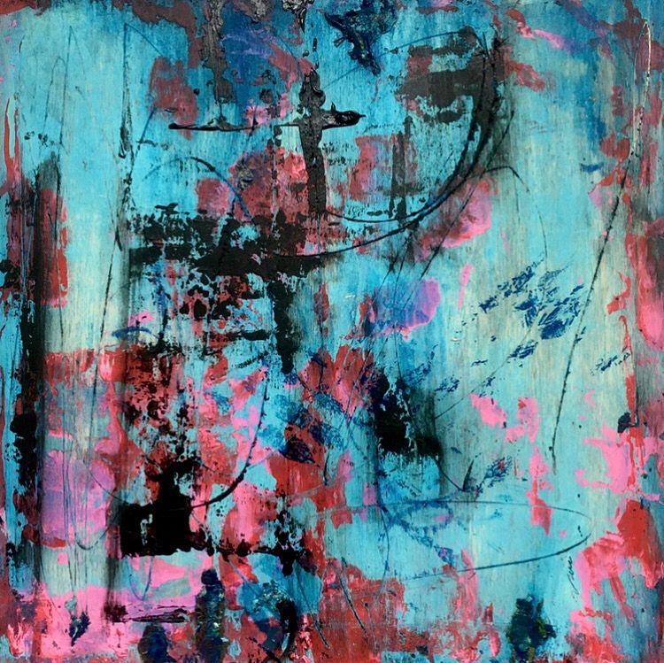 an abstract painting i made in black, blue, red, and pink. acrylic on wood.
nina theda black.