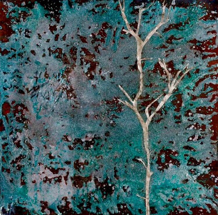 a mixed media artwork i made of a bare tree on a textured, teal and brown background.
nina theda black.