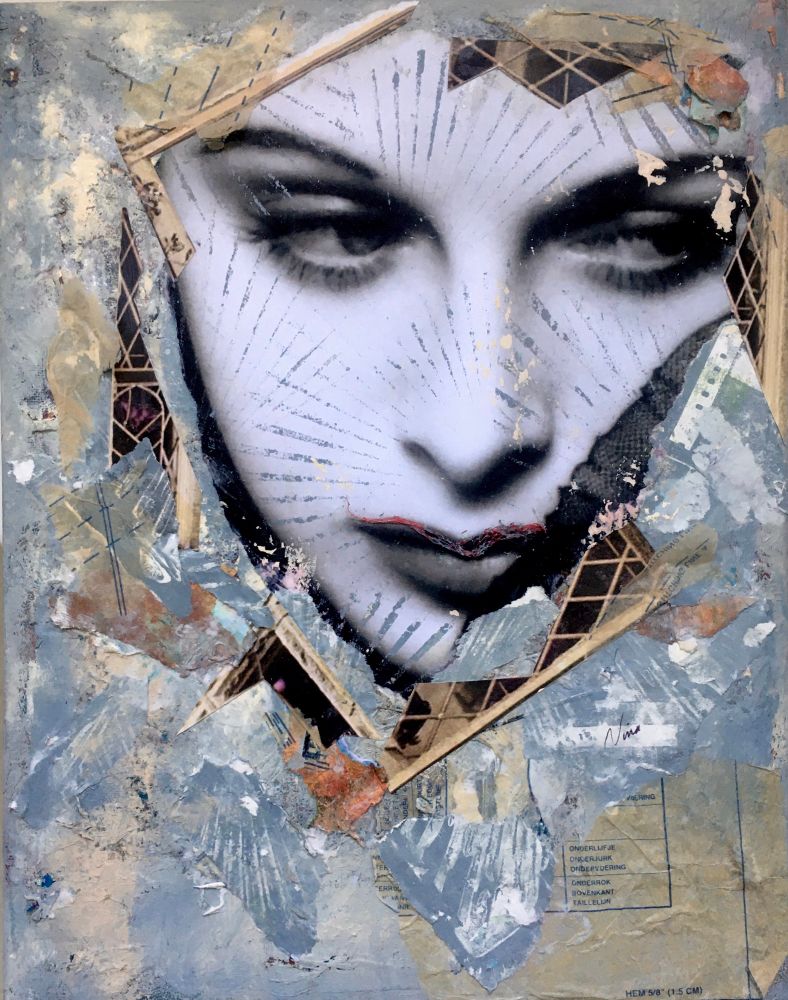 a mixed media collage i made  depicting the closeup monochrome face of hedy lamarr,  with abstract lines radiating from it, surrounded by textured, torn paper layers.
nina theda black.