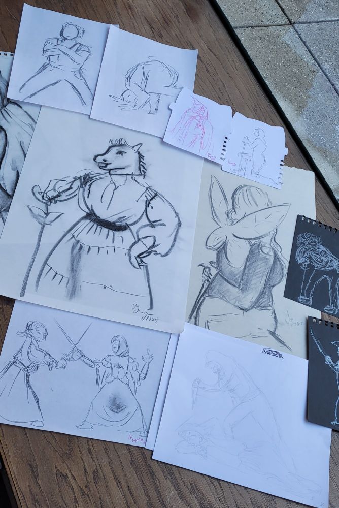 A cluster of gesture drawings by different people, featuring a variety of poses and mediums 