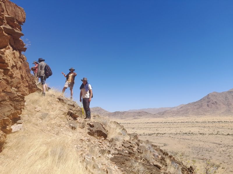 Members of Rachel Wood's research group conducting geological fieldwork in Namibia. Geologists in hats gather around a rocky outcrop under a clear blue sky, with a hilly, sparsely vegetated Namibian landscape in the background.