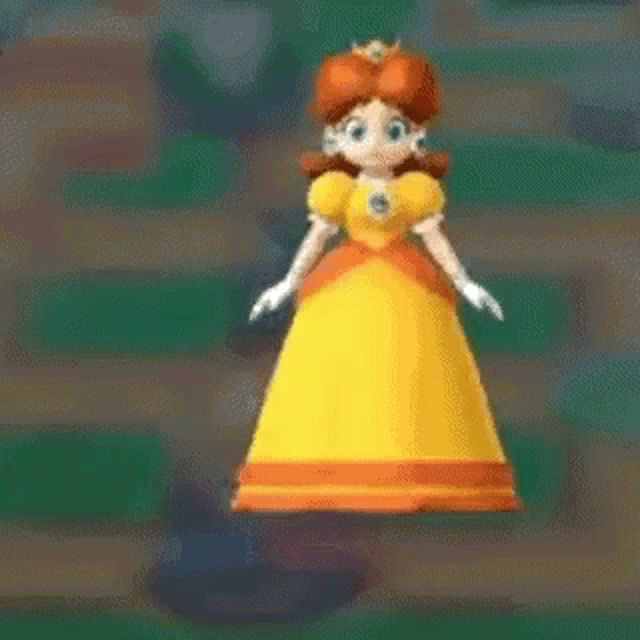 princess daisy is wearing a yellow dress and gloves and is dancing in a video game .