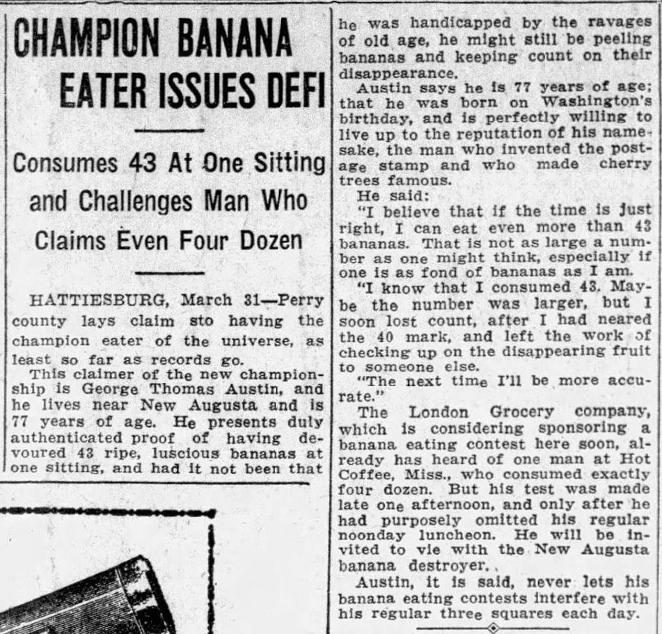 From the April 1st, 1927, Clarion-Ledger, Jackson, Mississippi, "Champion Banana Eater Issues Defi".