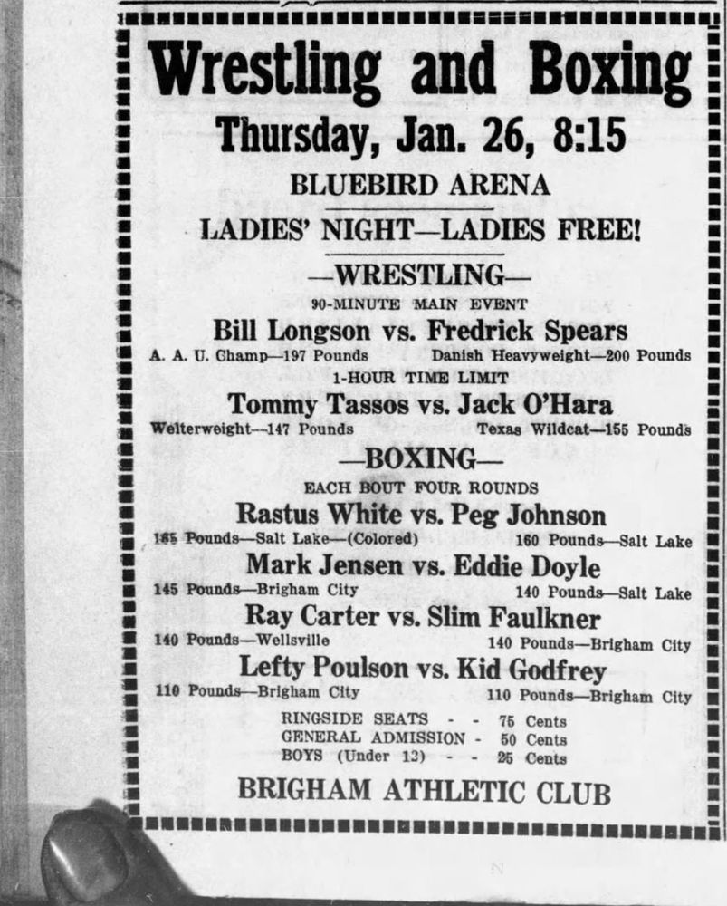 An add for a wrestling and boxing show from Brigham City, Utah, in January 1933.