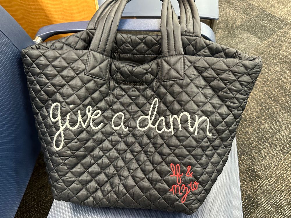 MZ Wallace - Lingua Franca collab black tote with white stitching “give a damn” 