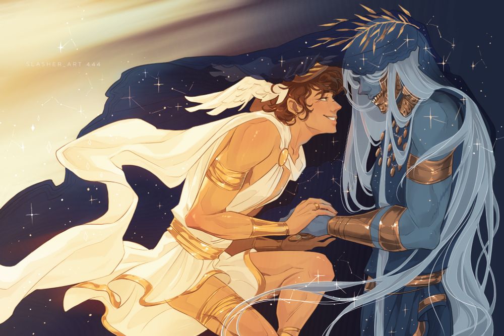 Hermes swiftly, like a ray of sunlight, flies up to Charon in a starry veil and playfully holds his hand, taking the obols for delivery.

Гермес стремительно, словно солнечный луч, подлетает к Харону в звездной фате и игриво держит его за руку, принимая оболы за доставку.