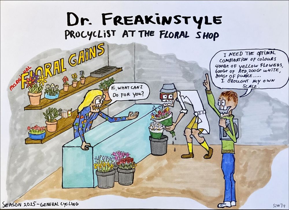 This is a drawn cartoon about procycling with spectator Dr. Freakinstyle who witnesses and comments on procycling. This particular cartoon is a procyclist ordering flowers in a floral shop.
In the drawing we see on de left an owner of a floral shop behind the counter and behind her two shelves with plants and other floral shop items and a sign saying ‘Floral gains’, with the word marginal diagonal behind the word floral referring to the marginal gains of procycling. In front of the counter are 4 buckets with flowers. The owner asks; ‘Hi, what can I do for you?’. In the middle we see Dr. Freakinstyle picking up a pre-arranged bunch of flowers. On the right we see guy, a procyclist, saying; ‘I need the optimal combination of colours: 400gr of yellow flowers, 600gr of red, 200gr white, 800gr purple…. I brought my own scale.’