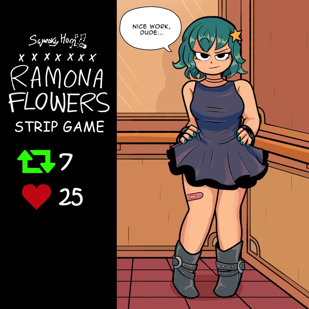 Ramona Flowers stands in the elevator, with her hands on her hips. Her jacket has been removed and her blue dress is fully revealed. "Nice work, dude~"
7 RESHARES AND 25 LIKES TO REACH THE NEXT PART