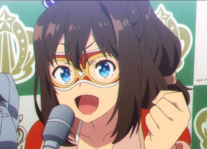 A girl with a red mask/visor covering her eyes.

El Condor Pasa from Uma Musume talking into a microphone.