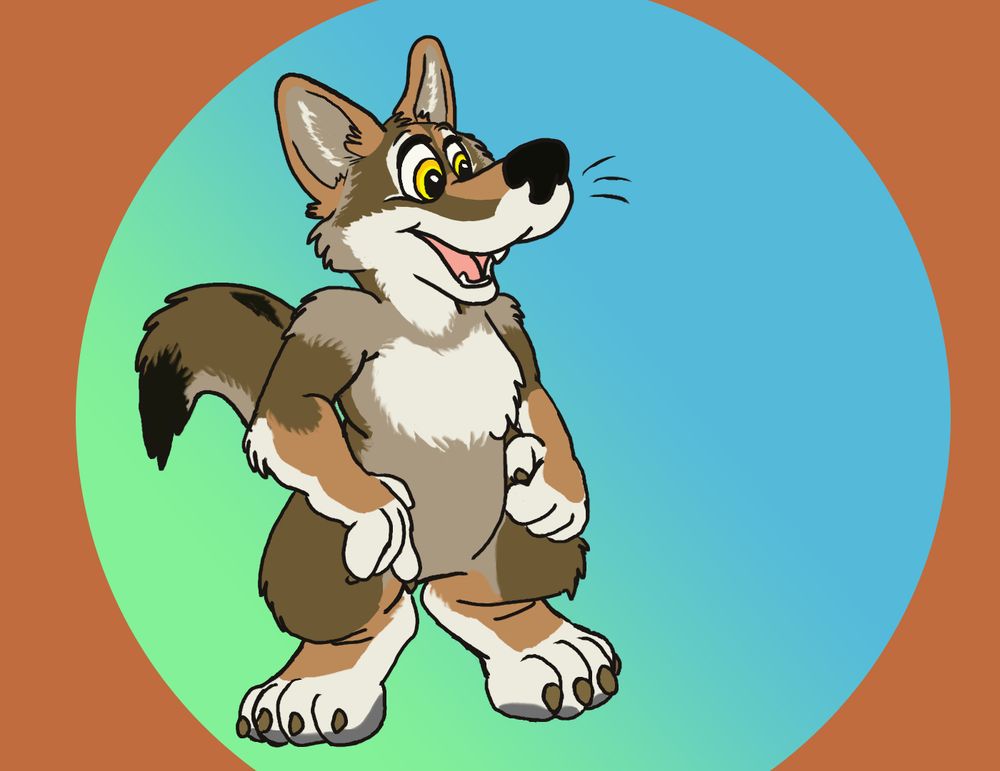 Toony coyote Chelan squats slightly in an abstract color field