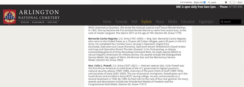 Screenshot of Arlington National Cemetery website showing a listing for General Colin Powell. 