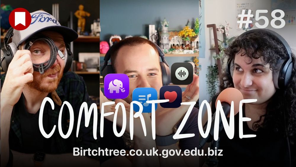 Comfort Zone thumbnail. Chris looking through a cable. Matt holding app icons. Niléane not sure what the Dads are doing. 
