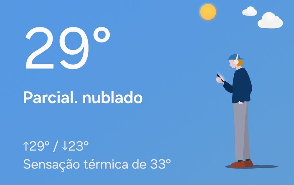 print do aplicativo do clima mostrando que na minha localização está fazendo 29° parcialmente nublado, máxima de 29° mínima de 23° e sensação térmica de 33°. ao lado dessa informação tem uma animação de um rapaz loiro de calça cinza, moletom azul escuro, boné azul claro e headphone branco olhando para o celular que ele está segurando na mão direita