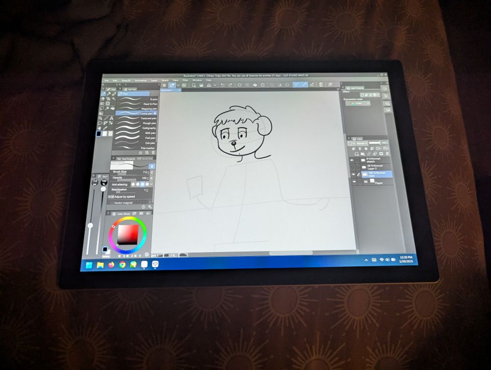 A Clip Studio Paint WIP of my fursona leaning on a railing and looking at his phone.