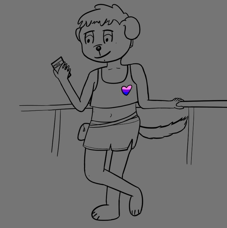 My dog fursona leaning against a railing and looking at his phone. He's wearing a crop top with a bisexual pride heart, shorts, and a fanny pack off to one side. One leg is casually crossed in front of the other.
