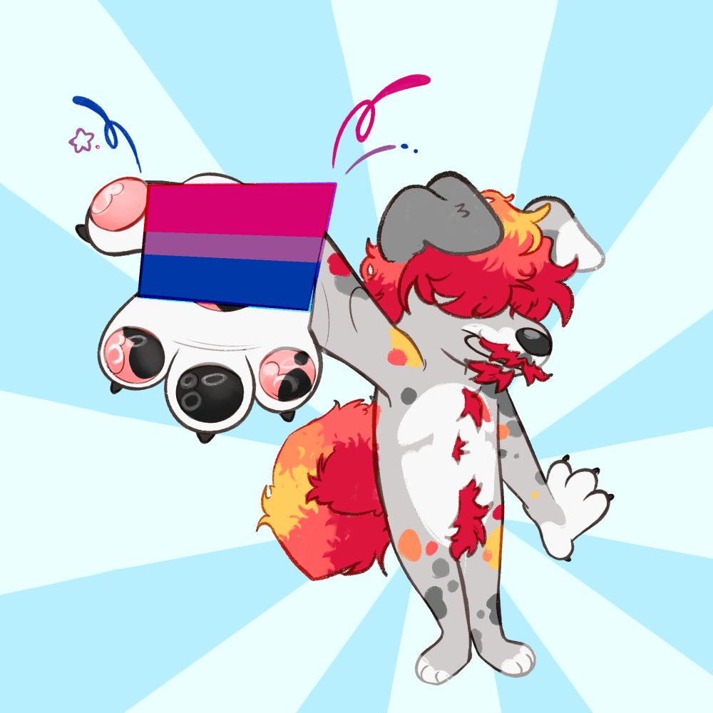 a toonish rendition of Loafer, presenting a bisexual pride flag with bi-colored glitter. He has his typical grey body and white tummy. He has dark pink, light pink, orange and yellow curly hair and tail. His hair covers his eyes. Similar color spots are on his body alongside the various grey ones. The pawpads under the flag he is holding are pink and black spotted. Loafer has floppy ears as well.