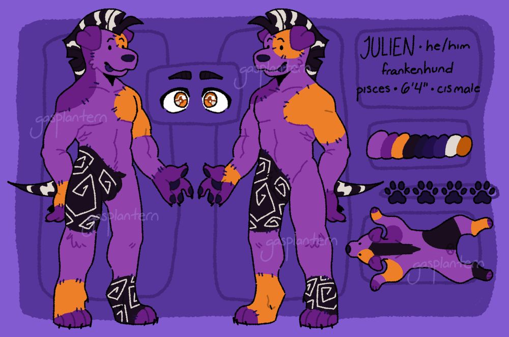 A reference image of a muscular anthro dog: Julien is mostly purple, with 'stitched on' patches of a darker purple, orange, and black with white swirls. He also has a black mohawk and tail with white stripes similar to 'The Bride of Frankenstein". His eyebrows, tongue, 'stitch' markings and paw pads are navy blue. His eyes are orange, darker orange and white. There is a smaller reference of him similar to a fur pelt on the right indicating where his fur patterns are on his backside.