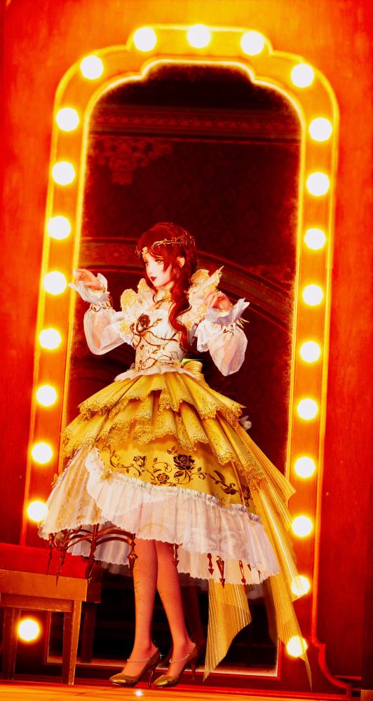 Nikki from infinity nikki posing in front of a lighted mirror 