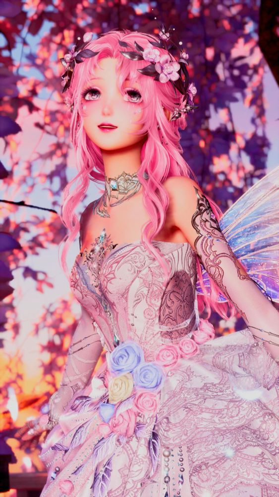 Nikki from Infinity Nikki posing in front of a pinky orangey background with a pink outfit on that included wings