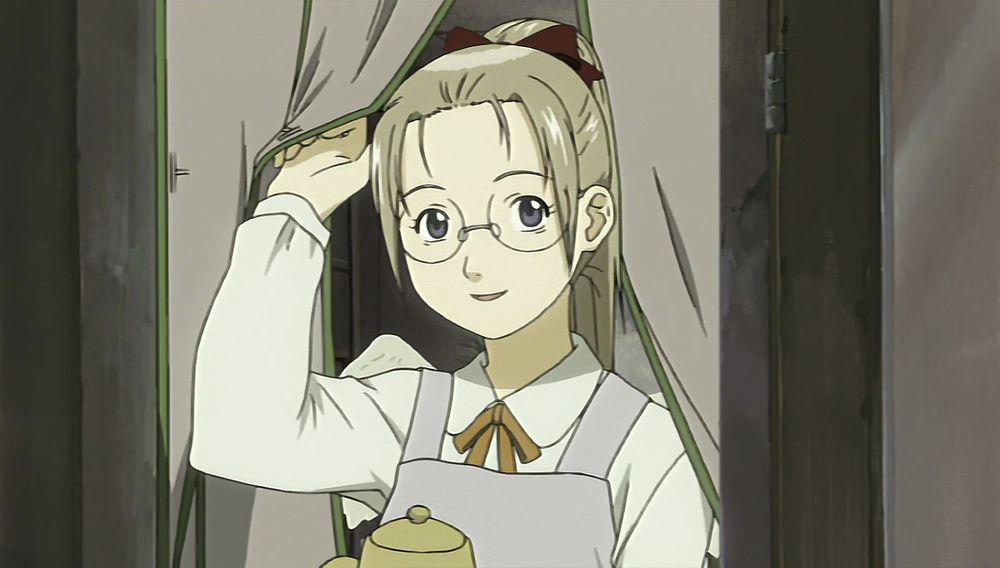 Hikari from Haibane Renmei walking through a curtain holding a teapot ?