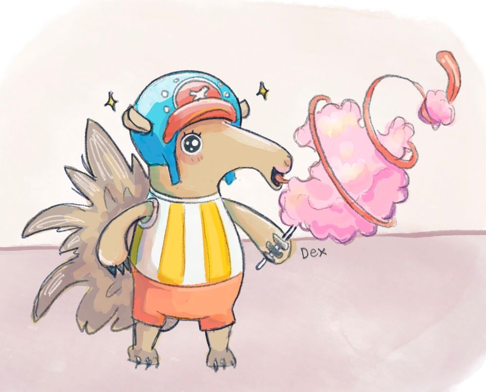 Water color-style digital illustration of Chopper from One Piece as an anteater.  He is eating candyfloss and is very excited  0 his tongue is wrapped several times round the candyfloss.