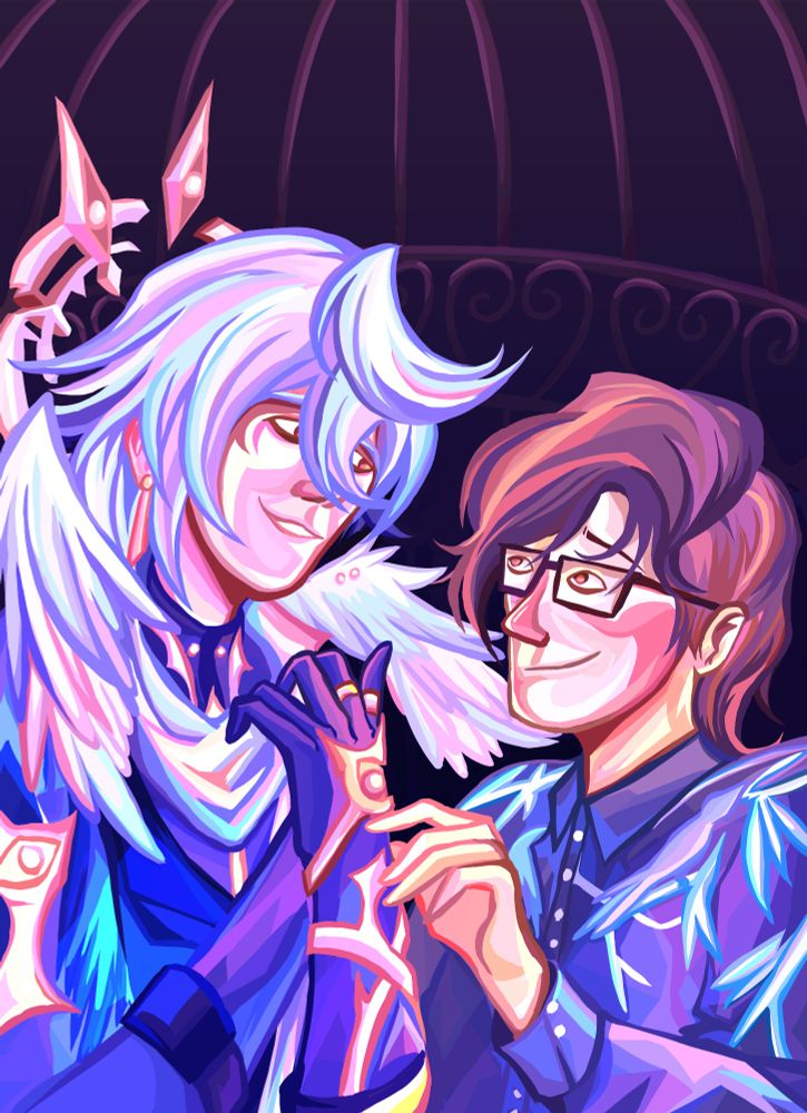 A selfship commission featuring Sunday from Honkai: Star Rail and the commissioner, Oliver! The two are sharing a romantic moment, with Sunday being slightly hesitant to start a new relationship. Blues and purples populate the scene, with warmth shining through in their faces. In the background,  the golden bars of a birdcage can be seen, with a heart pattern decorating the ring.